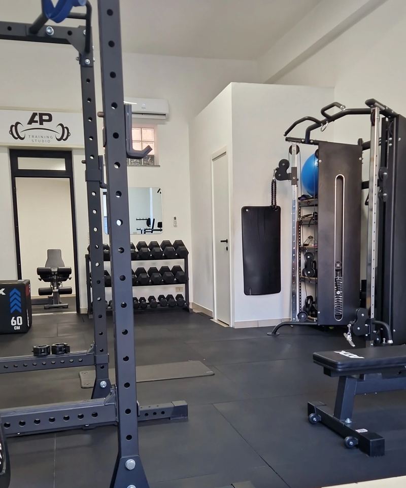 Lo studio AP Training Studio: rack, manubri, cavi e insegna sopra la porta